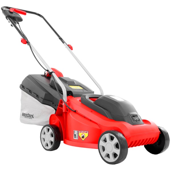 Roter Rasenmäher mit Fangkorb