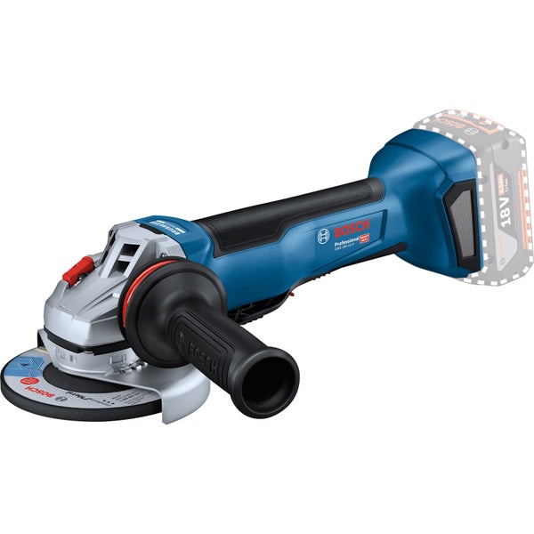 Bosch Professional Akku-Winkelschleifer GWS 18 Volt-10 P mit bürstenlosem Motor und Zusatzhandgriff.