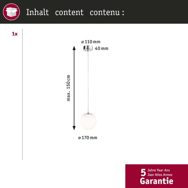 Abmessungen einer Pendelleuchte mit Glasschirm: Durchmesser 170 Millimeter, Kabellänge maximal 150 Zentimeter, Baldachin 110 Millimeter. 5 Jahre Garantie