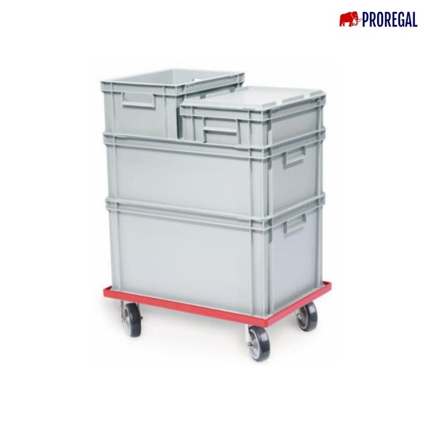 PROREGAL Transportroller für Euroboxen 60 x 40 cm mit Gummiräder Rot Gitter/Rasterdeck 2 Lenkrollen und 2 Bockrollen Traglast 300 kg