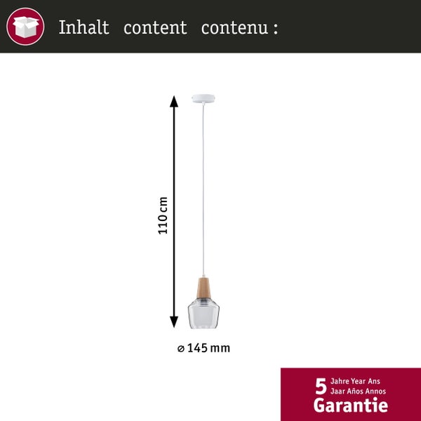 Pendelleuchte mit Glasschirm und Holzdetail, Höhe 110 Zentimeter, Durchmesser 145 Millimeter, 5 Jahre Garantie.
