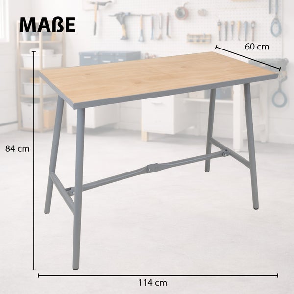 Klappbare Werkbank mit Holzoptik-Platte, grauem Metallgestell, Maße: Höhe 84 Zentimeter, Breite 114 Zentimeter, Tiefe 60 Zentimeter.