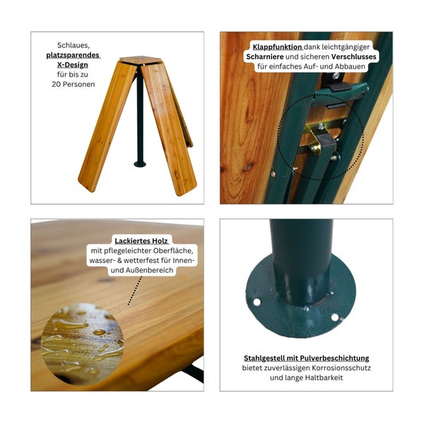 Details eines Gartentisches mit X-förmigem Holzgestell, Klappfunktion und Stahlgestell