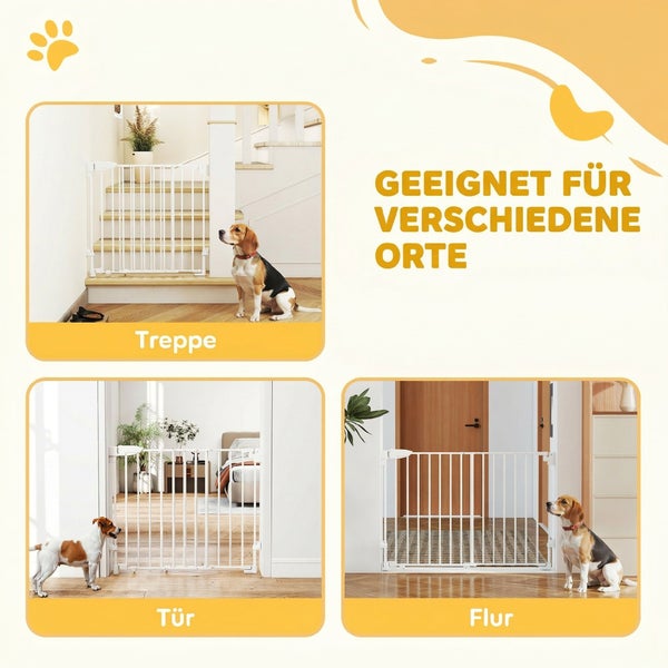 Weißes Treppenschutzgitter und Türschutzgitter für Hunde, montiert an Treppen, Türen und in Fluren.