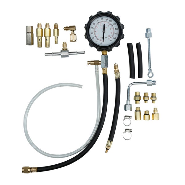 Kraftstoffdruckprüfer Set mit Manometer, Schläuchen und Adaptern in blauem Koffer