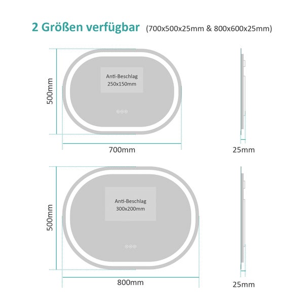 EMKE Badezimmerspiegel mit Beleuchtung 600x800 mm – Oval, Dimmbar, Antibeschlag, Stromausfall-Speicher, Touch-Schalter, 5mm Rostfreier Spiegel, Mattierte Spiegelkante, IP44