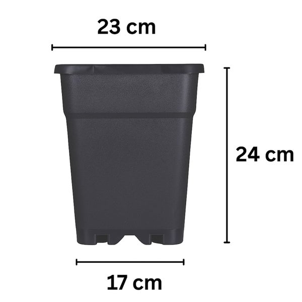 Quadratischer Pflanztopf mit den Maßen oben 23 Zentimeter, unten 17 Zentimeter und einer Höhe von 24 Zentimeter.
