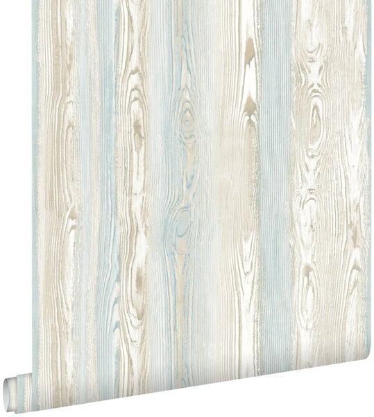ESTAhome Tapete Holzoptik Hellblau und Beige - 53 cm x 10,05 m - 148625