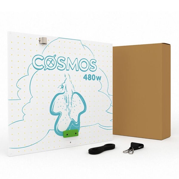 Quadratisches LED Pflanzenlicht Panel Cosmos 480 Watt inklusive Karton und Zubehör zur Aufhängung.