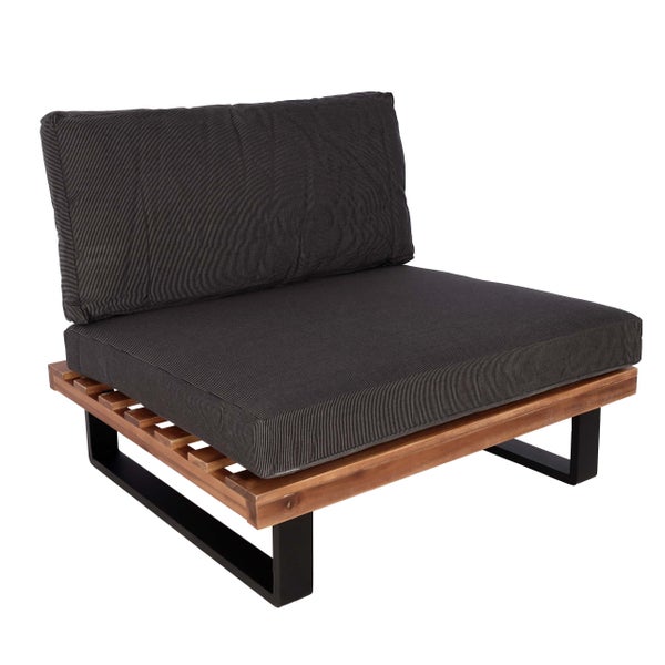 Garten-Loungesessel mit dunklen Polstern, Holzunterbau und schwarzen Metallbeinen.