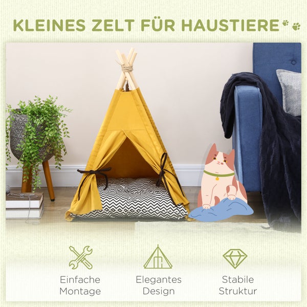 PawHut Tipi Zelt für Haustiere, Katzenzelt mit abnehmbar und waschbar Kissen, Katzenhaus mit rutschfestem Boden, Spielball, für Katzen unter 5kg, Mini Hunde, 60 x 60 x 76 cm, Gelb