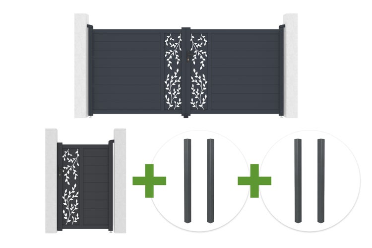 Doppelflügeltor und Gartentor mit dekorativem Blättermotiv und passenden Zaunpfosten als Set für die Grundstückseinfriedung.