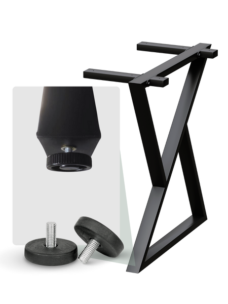 Schwarzes Tischgestell aus Metall in X-Form mit höhenverstellbaren Füßen zur Bodenanpassung.