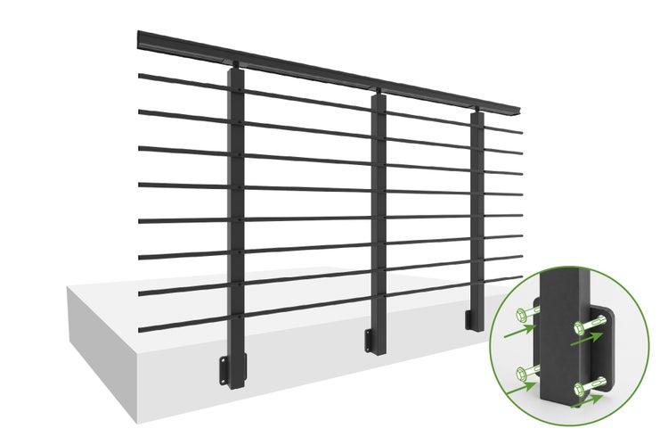 Metallgeländer für Balkon oder Terrasse mit Handlauf und Querstäben inklusive Montagebeispiel für die Bodenbefestigung mit Schrauben.