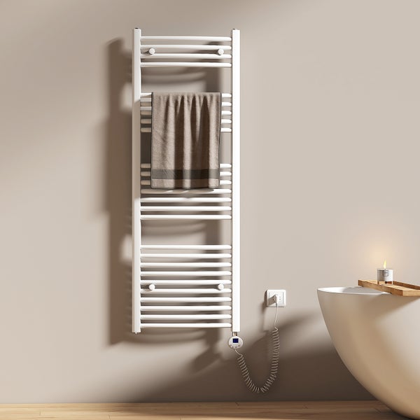 EMKE Elektrischer Badheizkörper 600 W, Handtuchwärmer mit Thermostat, Temperatureinstellung, Zeitschaltuhr und IP44 Schutz, Handtuchheizkörper, für Bad, Weiß, 140x50 cm
