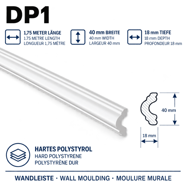 Wandleiste aus hartem Polystyrol, 1,75 Meter lang, 40 Millimeter breit und 18 Millimeter tief mit technischer Skizze.