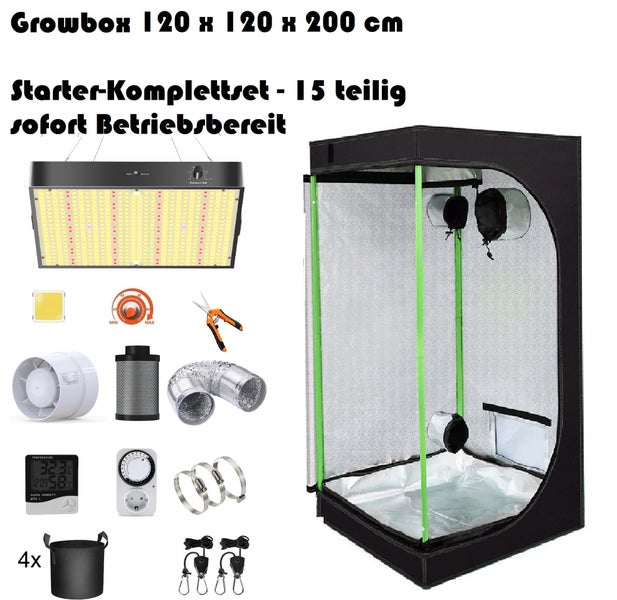 JUNG Growbox Komplettset mit LED Lampe, Anbau Pflanzen, BxTxH: 120x120x200cm, Gewächshaus Komplett Set Cannabis