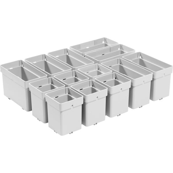 Mehrere graue Aufbewahrungsboxen unterschiedlicher Größe