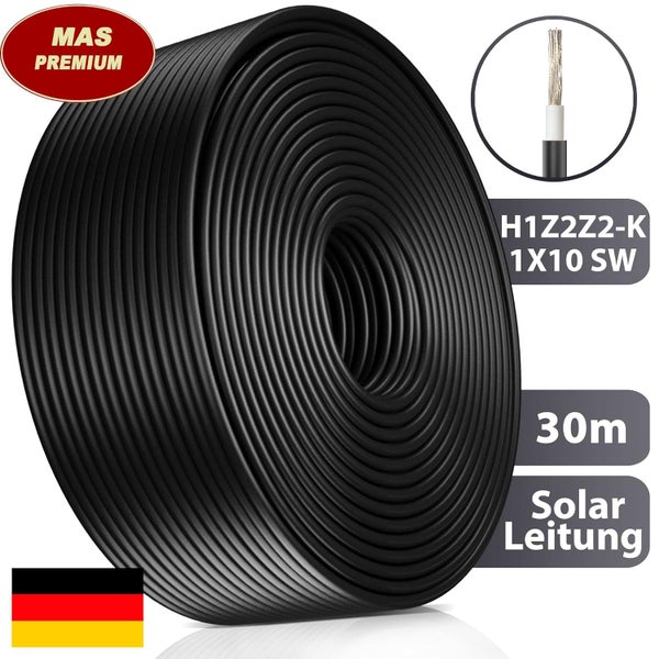 MAS Premium Solarkabel H1Z2Z2-K 1 mal 10 Quadratmillimeter schwarz, 30 Meter Rolle, Solarleitung für Photovoltaikanlagen.
