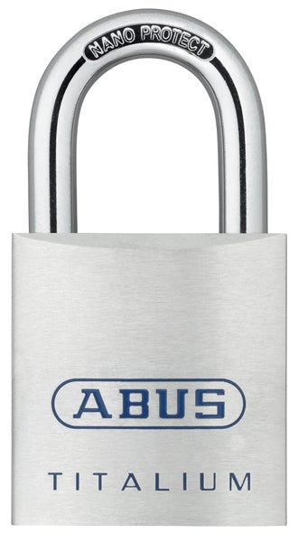 ABUS Vorhängeschloss aus Titalium mit gehärtetem Bügel, Nano Protect Korrosionsschutz und ABUS Logo.