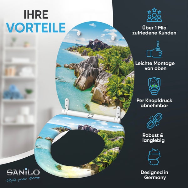 Sanilo WC Sitz mit Strand Motiv, mit Absenkautomatik und Schnellbefestigung, inklusive Montageanleitung und Produktvorteilen.
