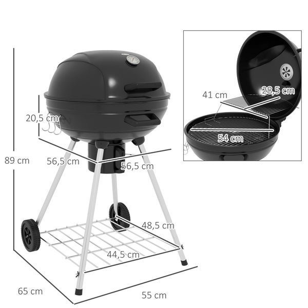 Outsunny Holzkohlegrill, Campinggrill mit Grillrost, Rädern, 55 x 65 x 89 cm, Ablage, Metall, Schwarz