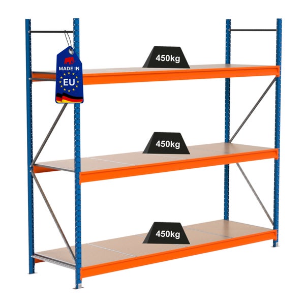 Regal mit drei Ebenen und einer Traglast von 450 Kilogramm pro Ebene, Hergestellt in der EU Siegel.