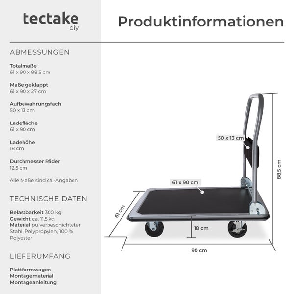 Produktinformationen zum Plattformwagen mit technischen Details und Abmessungen