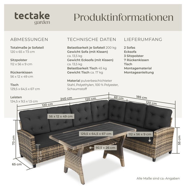 Rattan Lounge tectake Catania Tisch mit Schraubfüßen für 6 Personen natur