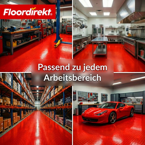 Collage verschiedener Arbeitsbereiche mit rotem Bodenbelag und FloorDirekt Logo