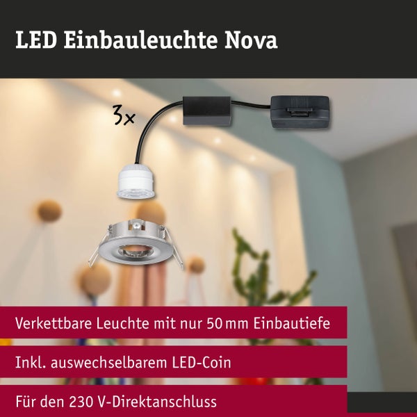 Dreierset LED Einbauleuchten Nova, verkettbar mit 50 Millimeter Einbautiefe, inklusive auswechselbarem LED Coin für 230 Volt Direktanschluss.