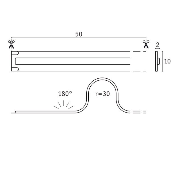 Technische Zeichnung eines kürzbaren LED-Streifens mit Länge 50, Breite 10, Tiefe 2, Flexibilität 180 Grad und Radius 30.