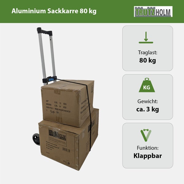 Klappbare Aluminium Sackkarre von Trutzholm mit 80 Kilogramm Traglast und einem Eigengewicht von circa 3 Kilogramm für den Transport von Paketen.
