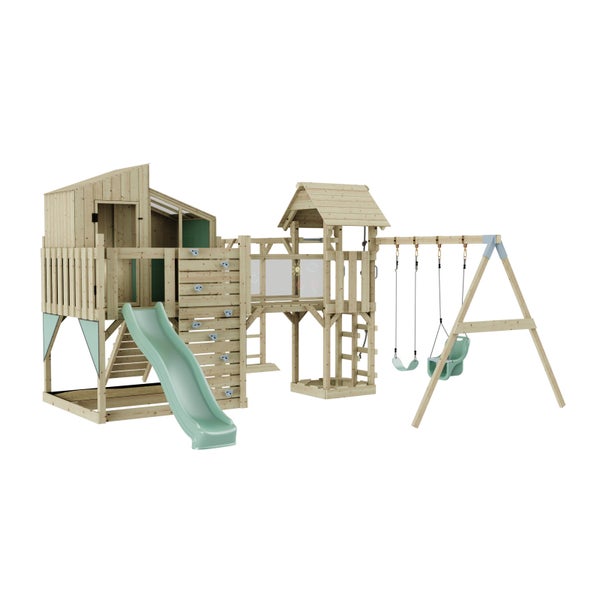 Spielplatz aus Holz mit Rutsche und Schaukel