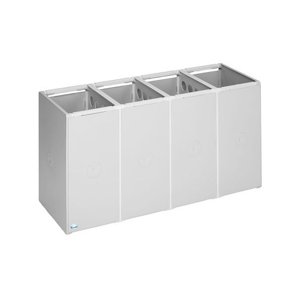 Modulares Abfalltrennsystem mit vier Behältern aus Kunststoff für die Mülltrennung.