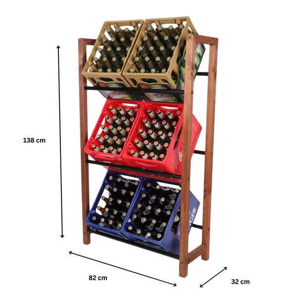 PROREGAL Getränkekistenregal HUNSRÜCK HxBxT 138x82x32cm 6 Kisten auf 3 Ebenen Massives Kiefernholz Braun geölt