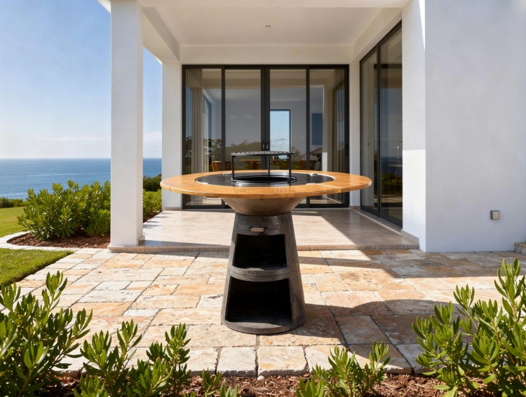 Runder Holzkohlegrilltisch auf einer Terrasse mit Meerblick