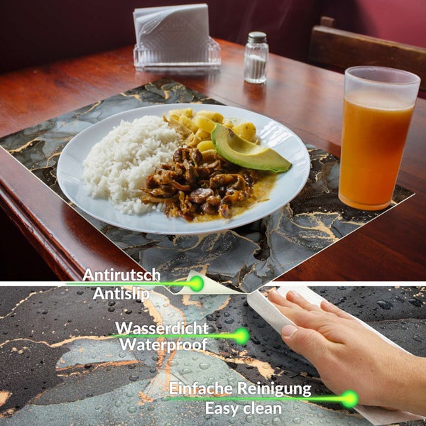 Tischset mit schwarz-goldener Marmor-Optik auf einem Holztisch. Details zeigen Antirutsch-Funktion, wasserdichte Oberfläche und einfache Reinigung.