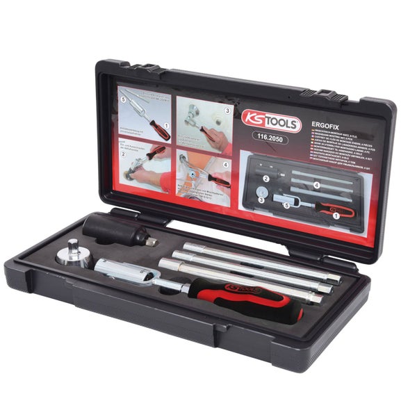 KS Tools Waschbecken Montagesatz, 6-teilig im geöffneten Koffer