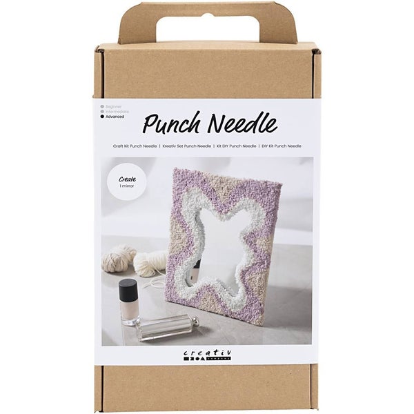 Kreativ-Set Punch Needle zur Gestaltung eines Spiegels, Schwierigkeitsgrad Fortgeschritten, Kartonverpackung mit Griff, Creativ Company Logo.