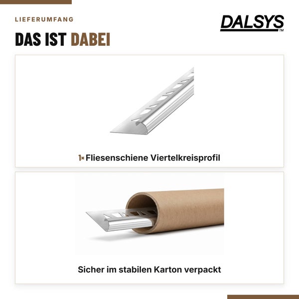 Lieferumfang von Dalsys: eine Fliesenschiene mit Viertelkreisprofil, sicher verpackt in einer stabilen Papprolle.