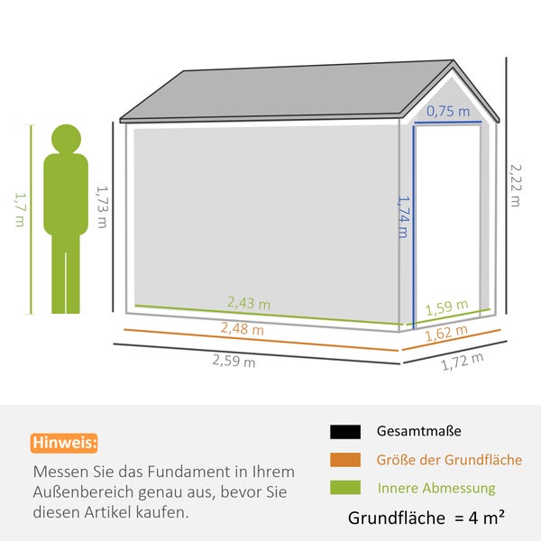 Outsunny Geräteschuppen, 4㎡ Gerätehaus mit Fenster, abschließbar, für Balkon, Terrasse, 259 x 172 x 222 cm, Stahl, Dunkelgrau