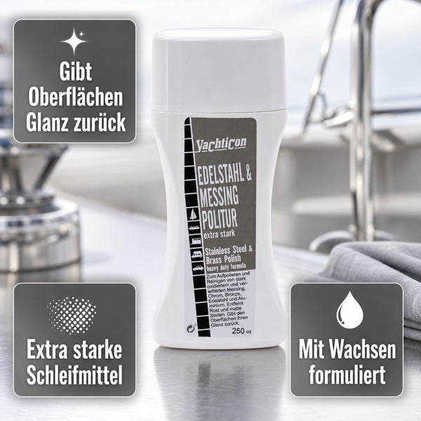 Yachticon Edelstahl und Messing Politur 250 Milliliter zur Reinigung und Pflege von Metalloberflächen.