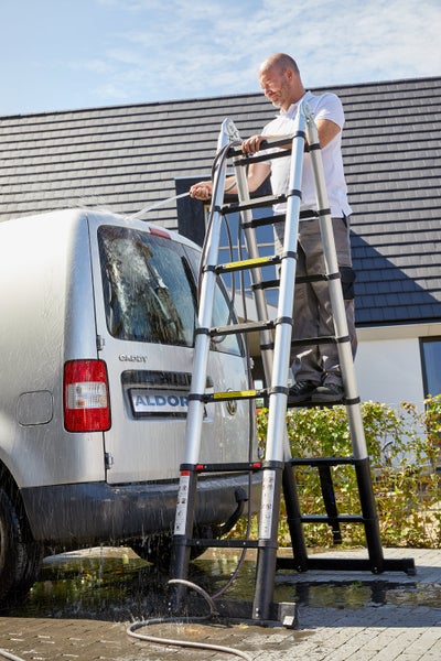 ALDORR Professional - Teleskop-Klappleiter 2,20M+2,20M - Mehrzweckleiter - Belastbarkeit bis zu 150kg - Soft-Close-System