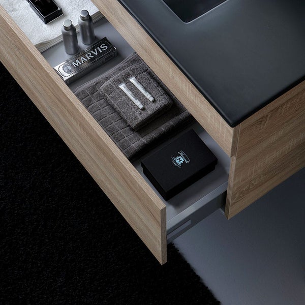 100cm Holzoptik-Unterschrank mit Auszug und Keramik-Waschtisch | Sole