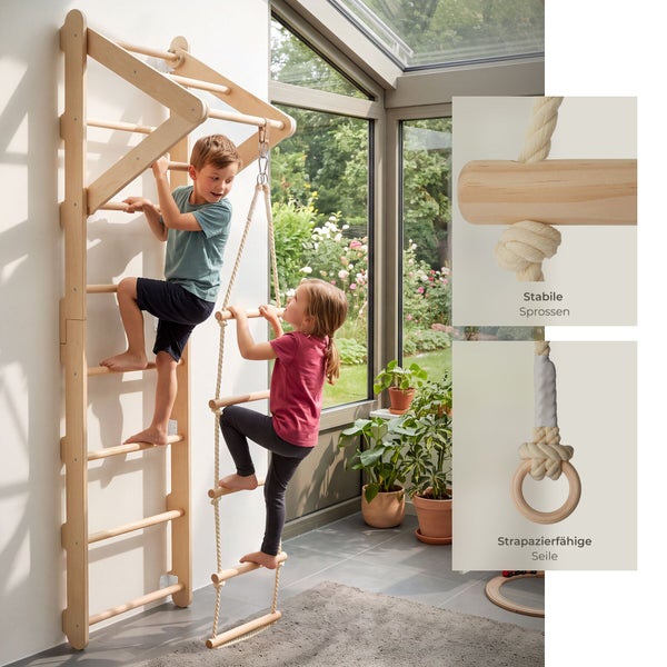 Kinderklettergerüst aus Holz mit Sprossenwand und Kletterseilleiter im Innenbereich, mit Detailansichten der stabilen Sprossen und Seile.