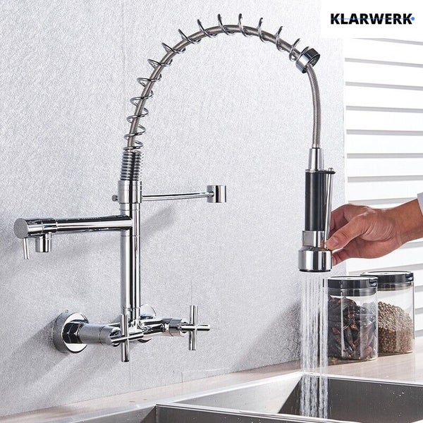 Björn | Gastronomie Wandmontage Armatur Chrom glänzend | Profi Küchenarmatur Edelstahl Zwei Brausen | Doppelspülbecken Wasserhahn Restaurant Wand