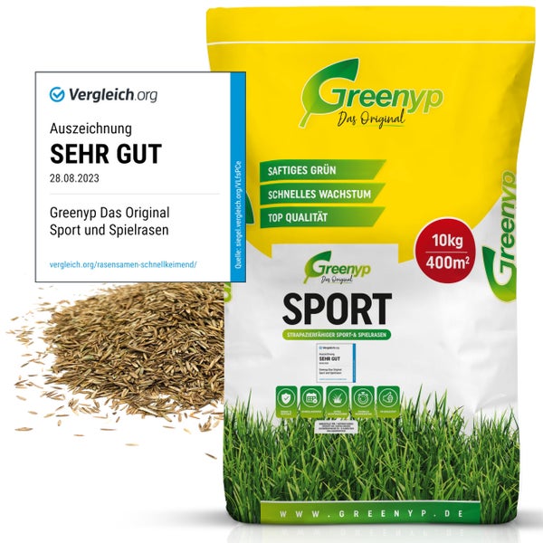 Greenyp Sport I strapazierfähiger Sport-& Spielrasen I 10kg für 400m² I Sportrasen Grassamen Rasensamen Rasensaat Gras Nachsaat schnellkeimend