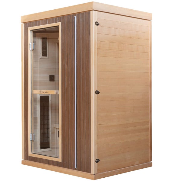 Innenansicht einer Infrarotsauna mit Sitzecke und Infrarotstrahlern