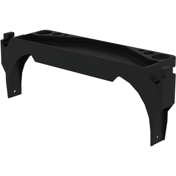 Schwarze Werkzeugschale aus Kunststoff für Leitern mit integrierten Halterungen für Werkzeuge.